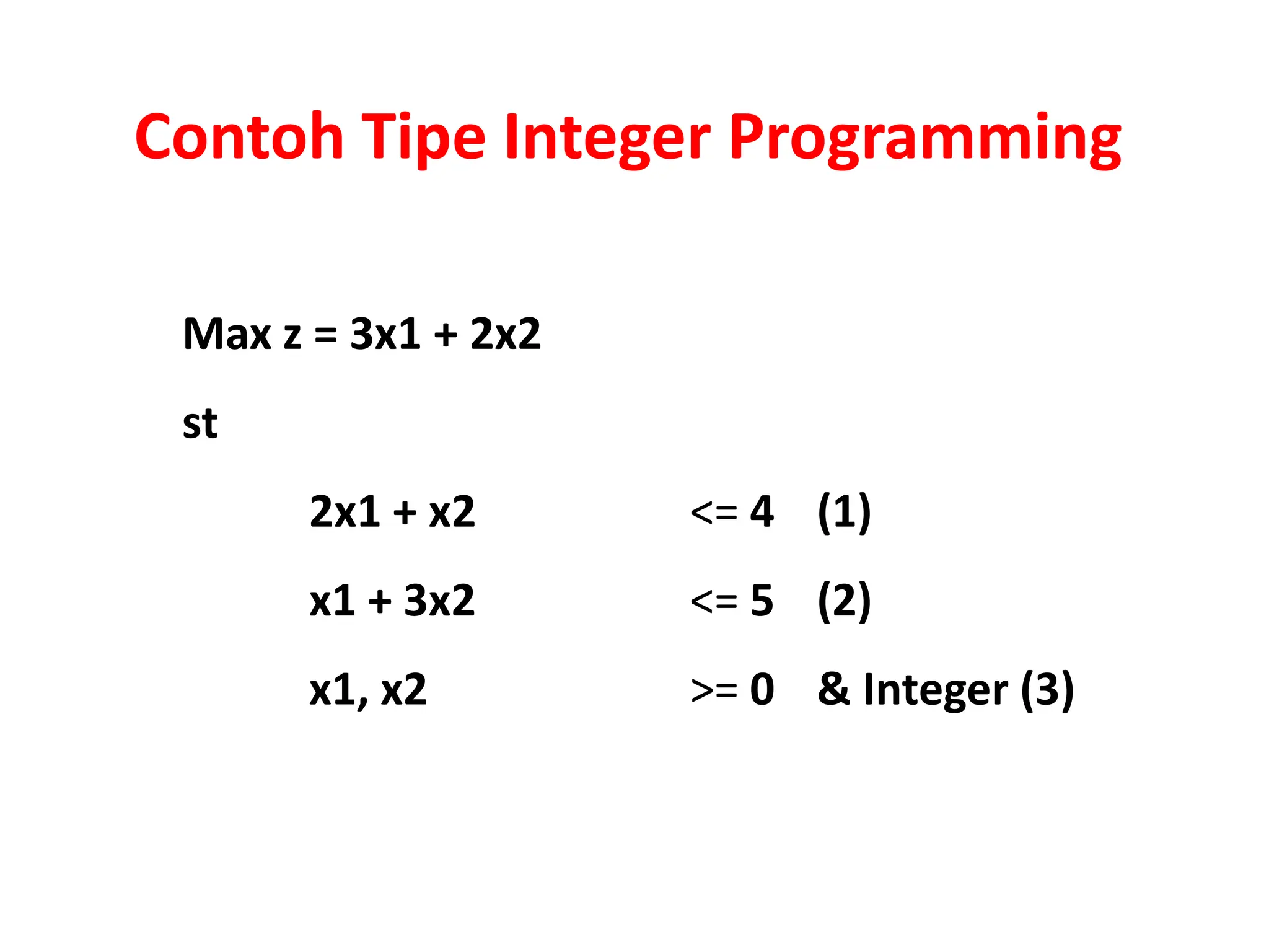 Contoh Tipe Integer Programming
Max z = 3x1 + 2x2
st
2x1 + x2 <= 4 (1)
x1 + 3x2 <= 5 (2)
x1, x2 >= 0 & Integer (3)
 