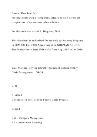 Custom User Interface
Provides users with a transparent, integrated view across all
components of the multi-echelon solution
For the exclusive use of A. Bregante, 2018.
This document is authorized for use only by Anthony Bregante
in SCM 800 Fall 2018 Aggon taught by NORMAN AGGON,
The Pennsylvania State University from Aug 2018 to Jan 2019.
West Marine: Driving Growth Through Shipshape Supply
Chain Management GS-34
p. 31
Exhibit 9
Collaborative West Marine Supply Chain Process
Legend
CM = Category Management
AP = Assortment Planning
 