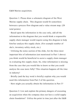 E&B Marine acquisition.
Question 1: Please draw a schematic diagram of the West
Marine supply chain. This diagram would fit somewhere
between a process flow diagram and a value stream map. (20
total points)
· Based upon the information in the case only, add all the
information to the diagram that you would think a responsible
supply chain manager would require using this diagram to help
him/her analyze this supply chain. (For example number of
sku's, inventory safety stock, etc.)
· Utilizing the notes section of the slide, list the three most
important bits of information (not mentioned in Part 1 above)
you think would be beneficial to assist a supply chain manager
in evaluating this supply chain. So, what information is missing
from the case that you would like to know so that you could
analyze the case more fully? This situation happens all the time
in industry!
· Briefly (and the key word is briefly) explain why you would
need this information from Part 2 of the question.
· How might you actually obtain the information in Part 3?
Question 2: List and explain the primary dangers of executing
an acquisition when the company does not have a solid supply
chain foundation? Utilize the point in time just after the E&B
 