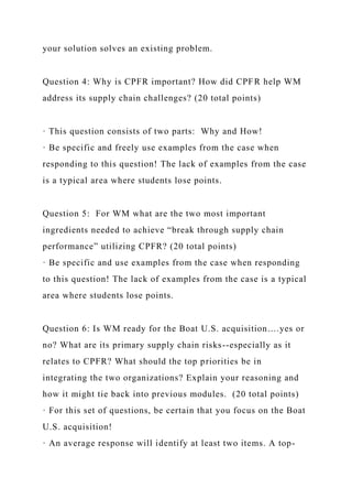 your solution solves an existing problem.
Question 4: Why is CPFR important? How did CPFR help WM
address its supply chain challenges? (20 total points)
· This question consists of two parts: Why and How!
· Be specific and freely use examples from the case when
responding to this question! The lack of examples from the case
is a typical area where students lose points.
Question 5: For WM what are the two most important
ingredients needed to achieve “break through supply chain
performance” utilizing CPFR? (20 total points)
· Be specific and use examples from the case when responding
to this question! The lack of examples from the case is a typical
area where students lose points.
Question 6: Is WM ready for the Boat U.S. acquisition….yes or
no? What are its primary supply chain risks--especially as it
relates to CPFR? What should the top priorities be in
integrating the two organizations? Explain your reasoning and
how it might tie back into previous modules. (20 total points)
· For this set of questions, be certain that you focus on the Boat
U.S. acquisition!
· An average response will identify at least two items. A top-
 