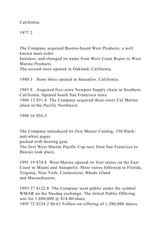 California.
1977 2
The Company acquired Boston-based West Products, a well
known mail-order
business, and changed its name from West Coast Ropes to West
Marine Products.
The second store opened in Oakland, California.
1980 3 Store three opened in Sausalito, California.
1983 8 Acquired five-store Newport Supply chain in Southern
California. Opened South San Francisco store.
1986 13 $31.8 The Company acquired three-store Cal Marine
chain in the Pacific Northwest.
1988 16 $56.3
The Company introduced its first Master Catalog, 330 black-
and-white pages
packed with boating gear.
The first West Marine Pacific Cup race from San Francisco to
Hawaii took place.
1991 19 $74.8 West Marine opened its first stores on the East
Coast in Miami and Annapolis. More stores followed in Florida,
Virginia, New York, Connecticut, Rhode Island
and Massachusetts.
1993 37 $122.8 The Company went public under the symbol
WMAR on the Nasdaq exchange. The Initial Public Offering
was for 1,800,000 @ $14.00/share.
1995 72 $224.2 $0.61 Follow-on offering of 1,380,000 shares
 