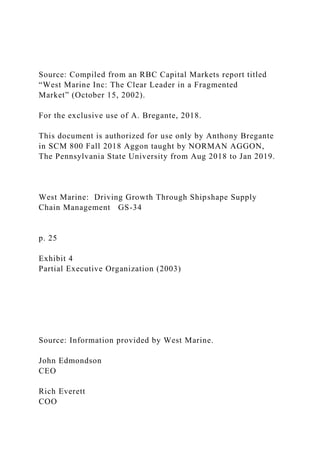Source: Compiled from an RBC Capital Markets report titled
“West Marine Inc: The Clear Leader in a Fragmented
Market” (October 15, 2002).
For the exclusive use of A. Bregante, 2018.
This document is authorized for use only by Anthony Bregante
in SCM 800 Fall 2018 Aggon taught by NORMAN AGGON,
The Pennsylvania State University from Aug 2018 to Jan 2019.
West Marine: Driving Growth Through Shipshape Supply
Chain Management GS-34
p. 25
Exhibit 4
Partial Executive Organization (2003)
Source: Information provided by West Marine.
John Edmondson
CEO
Rich Everett
COO
 