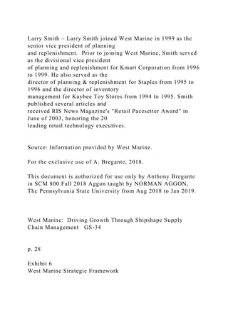 Larry Smith – Larry Smith joined West Marine in 1999 as the
senior vice president of planning
and replenishment. Prior to joining West Marine, Smith served
as the divisional vice president
of planning and replenishment for Kmart Corporation from 1996
to 1999. He also served as the
director of planning & replenishment for Staples from 1995 to
1996 and the director of inventory
management for Kaybee Toy Stores from 1994 to 1995. Smith
published several articles and
received RIS News Magazine's "Retail Pacesetter Award" in
June of 2003, honoring the 20
leading retail technology executives.
Source: Information provided by West Marine.
For the exclusive use of A. Bregante, 2018.
This document is authorized for use only by Anthony Bregante
in SCM 800 Fall 2018 Aggon taught by NORMAN AGGON,
The Pennsylvania State University from Aug 2018 to Jan 2019.
West Marine: Driving Growth Through Shipshape Supply
Chain Management GS-34
p. 28
Exhibit 6
West Marine Strategic Framework
 