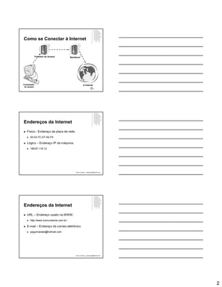 2
Como se Conectar à Internet
Computador
do usuário
Provedor de Acesso
A Internet
Backbone
5
5
Endereços da Internet
 Físico - Endereço da placa de rede;
 00-23-7C-CF-A2-F5
 Lógico – Endereço IP da máquina;
 189.87.116.12
Paulo Guimarães – ppguimaraes@hotmail.com
Endereços da Internet
 URL – Endereço usado na WWW;
 http://www.concurseiros.com.br/
 E-mail – Endereço de correio eletrônico.
 ppguimaraes@hotmail.com
Paulo Guimarães – ppguimaraes@hotmail.com
 