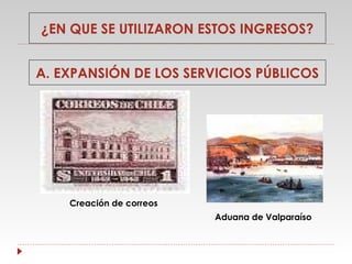 ¿EN QUE SE UTILIZARON ESTOS INGRESOS?
A. EXPANSIÓN DE LOS SERVICIOS PÚBLICOS

Creación de correos
Aduana de Valparaíso

 