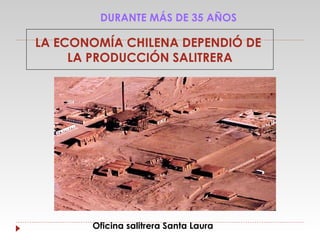 DURANTE MÁS DE 35 AÑOS

LA ECONOMÍA CHILENA DEPENDIÓ DE
LA PRODUCCIÓN SALITRERA

Oficina salitrera Santa Laura

 
