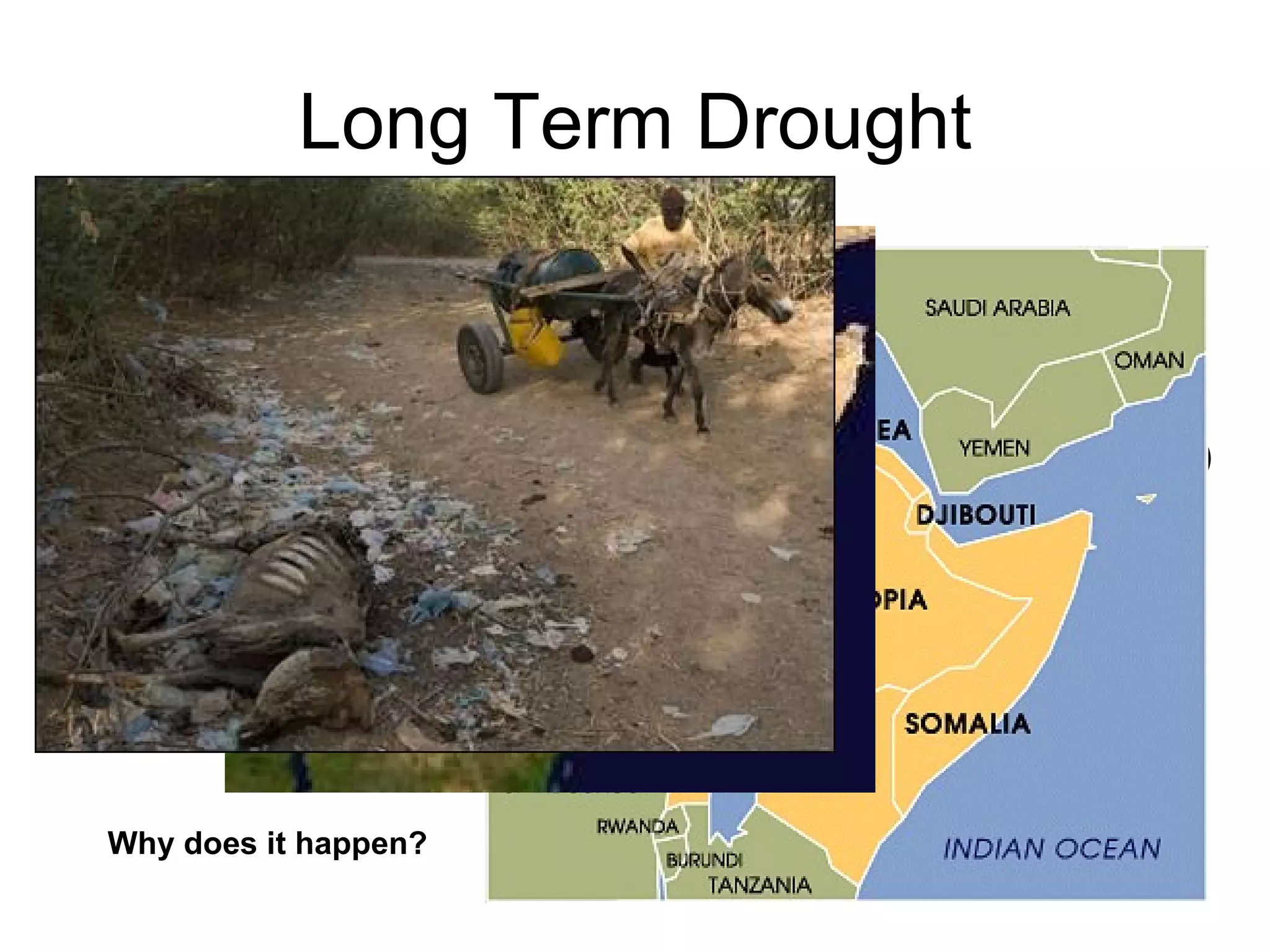 Long Term Drought Example, the Horn of Africa. Ethiopia 1974, 1984 (which triggered the infamous Live Aid concert) Huge areas covering the Horn in early 2006 (11 million people left needing food aid after the rains fail once again) Why does it happen?
