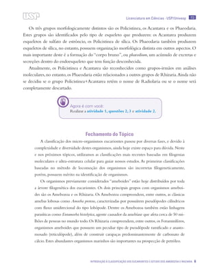 Licenciatura em Ciências · USP/Univesp 113
Introdução à classificação dos eucariontes e estudo dos Amebozoa e Rhizaria 6
Os três grupos morfologicamente distintos são os Policistinea, os Acantarea e os Phaeodaria.
Estes grupos são identificados pelo tipo de esqueleto que produzem: os Acantarea produzem
esqueletos de sulfato de estrôncio, os Policistinea de sílica. Os Phaeodaria também produzem
esqueletos de sílica, no entanto, possuem organização morfológica distinta em outros aspectos. O
mais importante deste é a formação do “corpo bruno”, ou phaeodium, um acúmulo de excretas e
secreções dentro do endoesqueleto que tem função desconhecida.
Atualmente, os Policistinea e Acantarea são reconhecidos como grupos-irmãos em análises
moleculares,no entanto,os Phaeodaria estão relacionados a outros grupos de Rhizaria.Ainda não
se decidiu se o grupo Policistinea+Acantarea retém o nome de Radiolaria ou se o nome será
completamente descartado.
Fechamento do Tópico
A classificação dos micro-organismos eucariontes passou por diversas fases, e devido à
complexidade e diversidade destes organismos,ainda hoje existe espaço para dúvida.Neste
e nos próximos tópicos, utilizamos as classificações mais recentes baseadas em filogenias
moleculares e ultra-estrutura celular para guiar nossos estudos.As primeiras classificações
baseadas no método de locomoção dos organismos são incorretas filogeneticamente,
porém, possuem mérito na identificação de organismos.
Os organismos previamente considerados “ameboides” estão hoje distribuídos por toda
a árvore filogenética dos eucariontes. Os dois principais grupos com organismos ameboi-
des são os Amebozoa e os Rhizaria. Os Amebozoa compreendem, entre outros, as clássicas
amebas lobosas como Amoeba proteus, caracterizadas por possuírem pseudópodes cilíndricos
com fluxo unidirecional do tipo lobópode. Dentre os Amebozoa também estão linhagens
parasíticas como Entamoeba histolytica,agente causador da amebíase que afeta cerca de 50 mi-
lhões de pessoas no mundo todo.Os Rhizaria compreendem,entre outros,os Foraminíferos,
organismos ameboides que possuem um peculiar tipo de pseudópode ramificado e anasto-
mosado (reticulópode), além de construir carapaças predominantemente de carbonato de
cálcio. Estes abundantes organismos marinhos são importantes na prospecção de petróleo.
Agora é com você:
Realizar a atividade 1, questões 2, 3 e atividade 2.
 