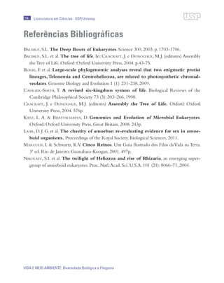 114
VIDA E MEIO AMBIENTE Diversidade Biológica e Filogenia
Licenciatura em Ciências · USP/Univesp
Referências Bibliográficas
Baldauf, S.L. The Deep Roots of Eukaryotes. Science 300, 2003. p. 1703-1706.
Baldauf, S.L. et al. The tree of life. In: Cracraft, J. e Donoghue, M.J. (editores) Assembly
the Tree of Life. Oxford: Oxford University Press, 2004. p.43-75.
Burki, F. et al. Large-scale phylogenomic analyses reveal that two enigmatic protist
lineages,Telonemia and Centroheliozoa, are related to photosynthetic chromal-
veolates. Genome Biology and Evolution 1 (1): 231-238, 2009.
Cavalier-Smith, T. A revised six-kingdom system of life. Biological Reviews of the
Cambridge Philosophical Society 73 (3): 203–266, 1998.
Cracraft, J. e Donoghue, M.J. (editores) Assembly the Tree of Life. Oxford: Oxford
University Press, 2004. 576p.
Katz, L. A. & Bhattacharya, D. Genomics and Evolution of Microbial Eukaryotes.
Oxford: Oxford University Press, Great Britain. 2008. 243p.
Lahr, D. J. G. et al. The chastity of amoebae: re-evaluating evidence for sex in amoe-
boid organisms. Proceedings of the Royal Society. Biological Sciences, 2011.
Margulis, L & Schwartz, K.V. Cinco Reinos. Um Guia Ilustrado dos Filos daVida na Terra.
3ª ed. Rio de Janeiro: Guanabara-Koogan, 2001. 497p.
Nikolaev, S.I. et al. The twilight of Heliozoa and rise of Rhizaria, an emerging super-
group of amoeboid eukaryotes. Proc. Natl.Acad. Sci. U.S.A. 101 (21): 8066–71, 2004.
 