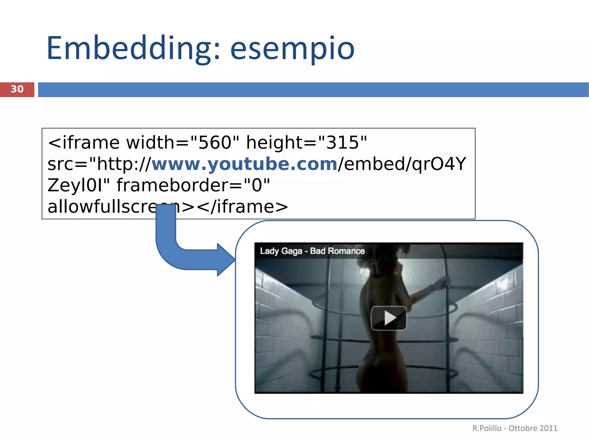 Embedding: esempio R.Polillo - Ottobre 2011 <iframe width="560" height="315" src="http:// www.youtube.com /embed/qrO4YZeyl0I" frameborder="0" allowfullscreen></iframe> 