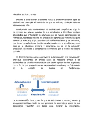 - Pruebas escritas u orales.

    Durante el ciclo escolar, el docente realiza o promueve diversos tipos de
evaluaciones tanto por el momento en que se realizan, como por quienes
intervienen en ella.

     En el primer caso se encuentran las evaluaciones diagnósticas, cuyo fin
es conocer los saberes previos de sus estudiantes e identificar posibles
dificultades que enfrentarán los alumnos con los nuevos aprendizajes; las
formativas, realizadas durante los procesos de aprendizaje y enseñanza para
valorar los avances y el proceso de movilización de saberes, y las sumativas,
que tienen como fin tomar decisiones relacionadas con la acreditación, en el
caso de la educación primaria y secundaria, no así en la educación
preescolar, en donde la acreditación se obtendrá por el hecho de haberlo
cursado.

    El docente también debe promover la autoevaluación y la coevaluación
entre sus estudiantes, en ambos casos es necesario brindar a los
estudiantes los criterios de evaluación que deben aplicar durante el proceso
con el fin de que se conviertan en experiencias formativas y no únicamente
en        la      emisión        de       juicios     sin       fundamento.




La autoevaluación tiene como fin que los estudiantes conozcan, valoren y
se corresponsabilicen tanto de sus procesos de aprendizaje como de sus
actuaciones y cuenten con bases para mejorar su desempeño.
 