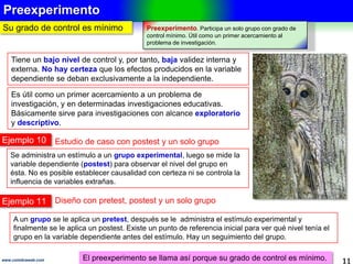 Control del experimento
11www.coimbraweb.com
Es el requisito 3 del experimento
CONTROL DEL EXPERIMENTO
¿Qué significa
tener el control?
Significa saber qué está ocurriendo con la relación entre las variables, es poder
poder contener la influencia de variables extrañas, para que solo la independiente
independiente que interesa tenga efecto sobre la dependiente.
Acción necesaria ¿Cómo se logra el control y la validez?
Formar los grupos de
comparación para lograr el
control y la validez interna.
Con varios grupos de comparación. Dos como mínimo: uno
experimental y otro de control.
Con equivalencia en los grupos. La técnica que asegura la
equivalencia es asignar al azar los sujetos a los grupos.
La validez interna es el grado en que los cambios observados se
se pueden atribuir a la manipulación experimental; se logra cuando hay
cuando hay control.
Ejemplo 5.- Control y validez interna
La formación de grupos incide en el control y validez interna
interna del experimento. En una investigación se suele
realizar una comparación, esta puede ser:
Entre dos o más grupos.
De un grupo en dos o más ocasiones.
De un grupo en diferentes circunstancias.
Con muestras de otras investigaciones.
(Sampieri, 2010)
Lograr la validez interna es el propósito
principal de todo experimento.
 