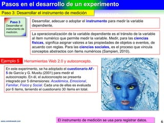 Requisitos de un experimento
6www.coimbraweb.com
Un experimento debe tener validez interna y externa
REQUISITOS DE UN EXPERIMENTO
Requisito Acción necesaria
Que se pueda manipular
Elegir las variables que se
incluirán en el experimento.
Definir los grados de
manipulación.
Que se pueda medir el
efecto que la variable
independiente tiene en la
variable dependiente.
Desarrollar, adecuar o adoptar el
el instrumento para medir.
Que se tenga control del
del experimento.
Formar los grupos de
comparación para lograr el control
control y la validez interna.
El experimento debe ser reproducible.
 