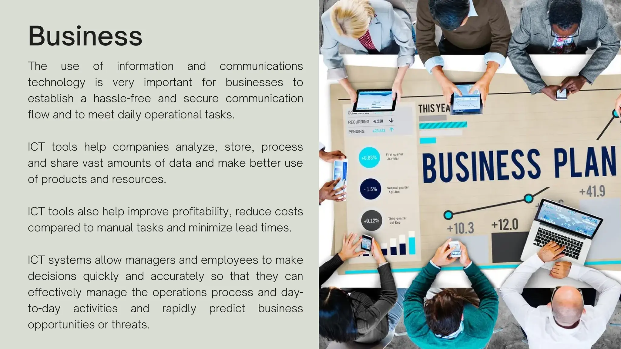 Business
The use of information and communications
technology is very important for businesses to
establish a hassle-free and secure communication
flow and to meet daily operational tasks.
ICT tools help companies analyze, store, process
and share vast amounts of data and make better use
of products and resources.
ICT tools also help improve profitability, reduce costs
compared to manual tasks and minimize lead times.
ICT systems allow managers and employees to make
decisions quickly and accurately so that they can
effectively manage the operations process and day-
to-day activities and rapidly predict business
opportunities or threats.
 
