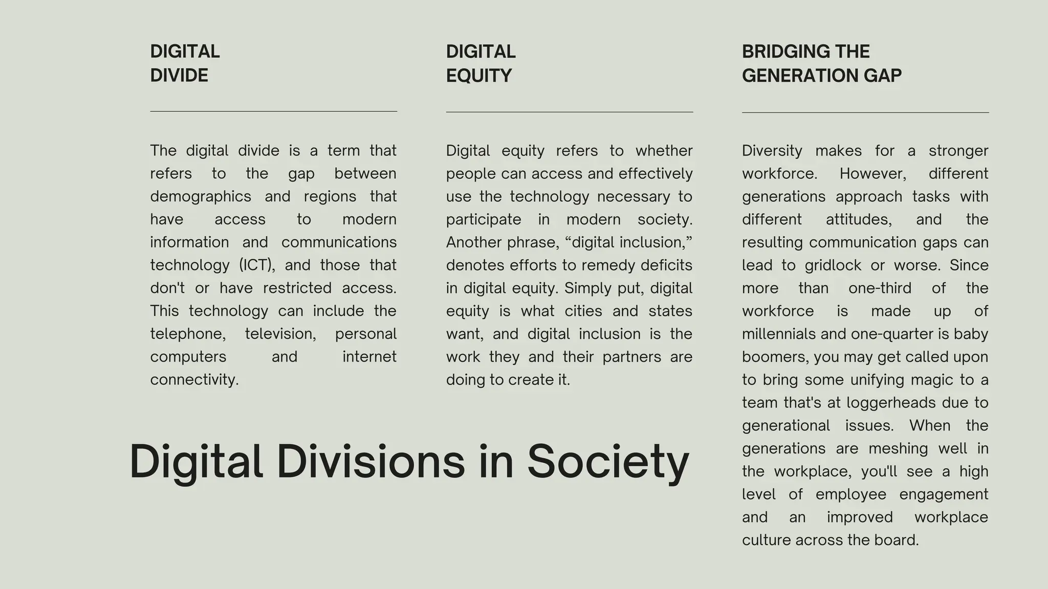 Digital Divisions in Society
DIGITAL
DIVIDE
The digital divide is a term that
refers to the gap between
demographics and regions that
have access to modern
information and communications
technology (ICT), and those that
don't or have restricted access.
This technology can include the
telephone, television, personal
computers and internet
connectivity.
DIGITAL
EQUITY
Digital equity refers to whether
people can access and effectively
use the technology necessary to
participate in modern society.
Another phrase, “digital inclusion,”
denotes efforts to remedy deficits
in digital equity. Simply put, digital
equity is what cities and states
want, and digital inclusion is the
work they and their partners are
doing to create it.
BRIDGING THE
GENERATION GAP
Diversity makes for a stronger
workforce. However, different
generations approach tasks with
different attitudes, and the
resulting communication gaps can
lead to gridlock or worse. Since
more than one-third of the
workforce is made up of
millennials and one-quarter is baby
boomers, you may get called upon
to bring some unifying magic to a
team that's at loggerheads due to
generational issues. When the
generations are meshing well in
the workplace, you'll see a high
level of employee engagement
and an improved workplace
culture across the board.
 