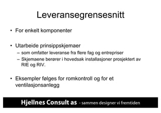 Leveransegrensesnitt
•  For enkelt komponenter

•  Utarbeide prinsippskjemaer
  –  som omfatter leveranse fra flere fag og entrepriser
  –  Skjemaene berører i hovedsak installasjoner prosjektert av
     RIE og RIV.


•  Eksempler følges for romkontroll og for et
   ventilasjonsanlegg
 