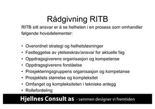 Rådgivning RITB
RITB sitt ansvar er å se helheten i en prosess som omhandler
følgende hovedelementer:

•    Overordnet strategi og helhetsløsninger
•    Fastleggelse av ytelseskrav/ansvar for aktuelle fag
•    Oppdragsgiverens organisasjon og kompetanse
•    Oppdragsgiverens forståelse
•    Prosjekteringsgruppens organisasjon og kompetanse
•    Prosjektets størrelse og kompleksitet
•    Omfanget og kompleksiteten i tekniske anlegg
•    Rollefordeling
 