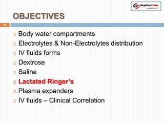 OBJECTIVES
24


        Body water compartments
        Electrolytes & Non-Electrolytes distribution
        IV fluids forms
        Dextrose
        Saline
        Lactated Ringer’s
        Plasma expanders
        IV fluids – Clinical Correlation
 