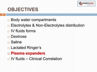 OBJECTIVES
28


        Body water compartments
        Electrolytes & Non-Electrolytes distribution
        IV fluids forms
        Dextrose
        Saline
        Lactated Ringer’s
        Plasma expanders
        IV fluids – Clinical Correlation
 