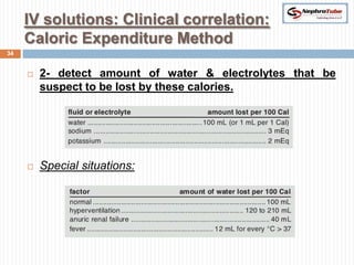 IV solutions: Clinical correlation:
     Caloric Expenditure Method
34


        2- detect amount of water & electrolytes that be
         suspect to be lost by these calories.




        Special situations:
 