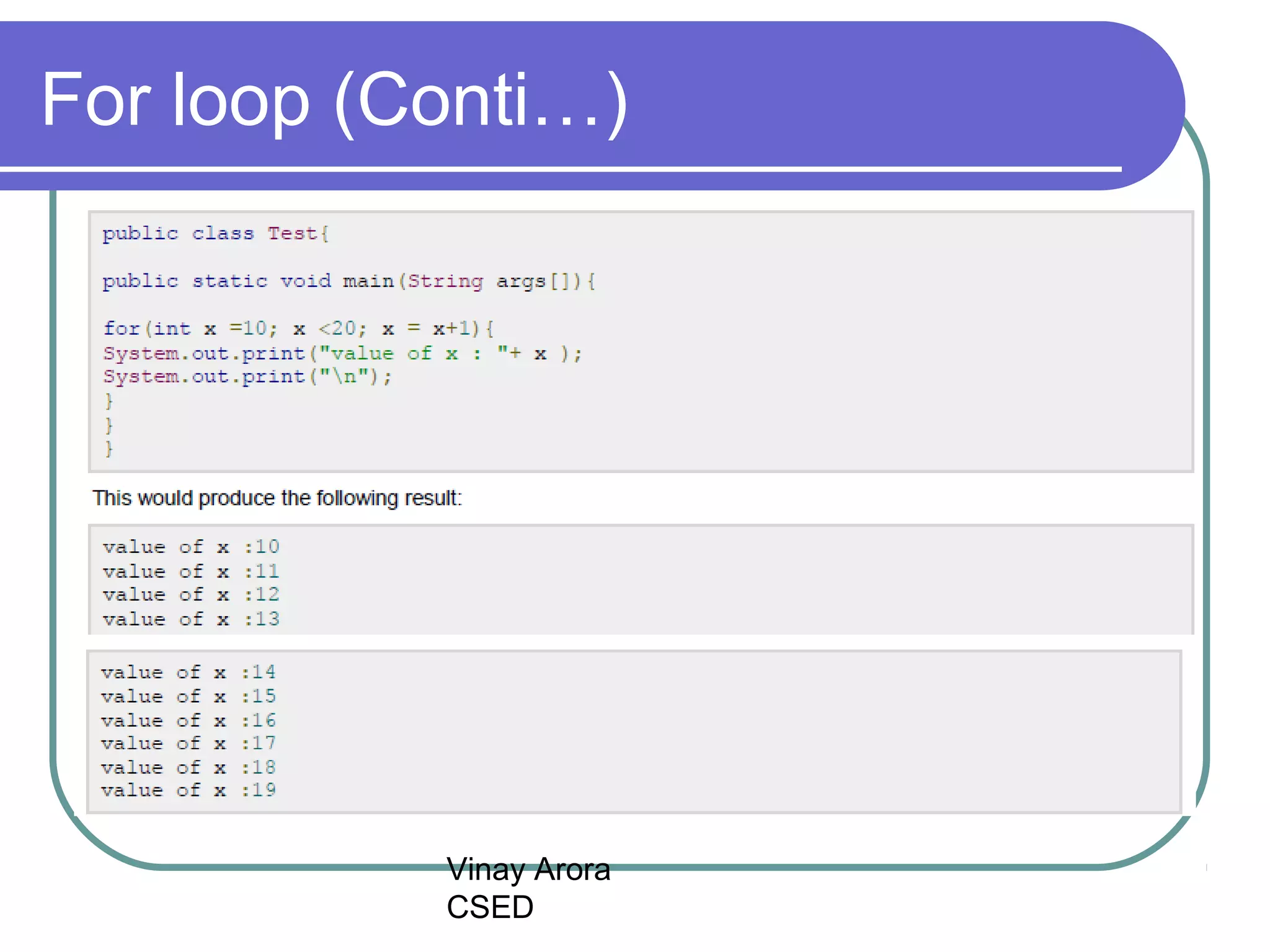 Vinay Arora
CSED
For loop (Conti…)