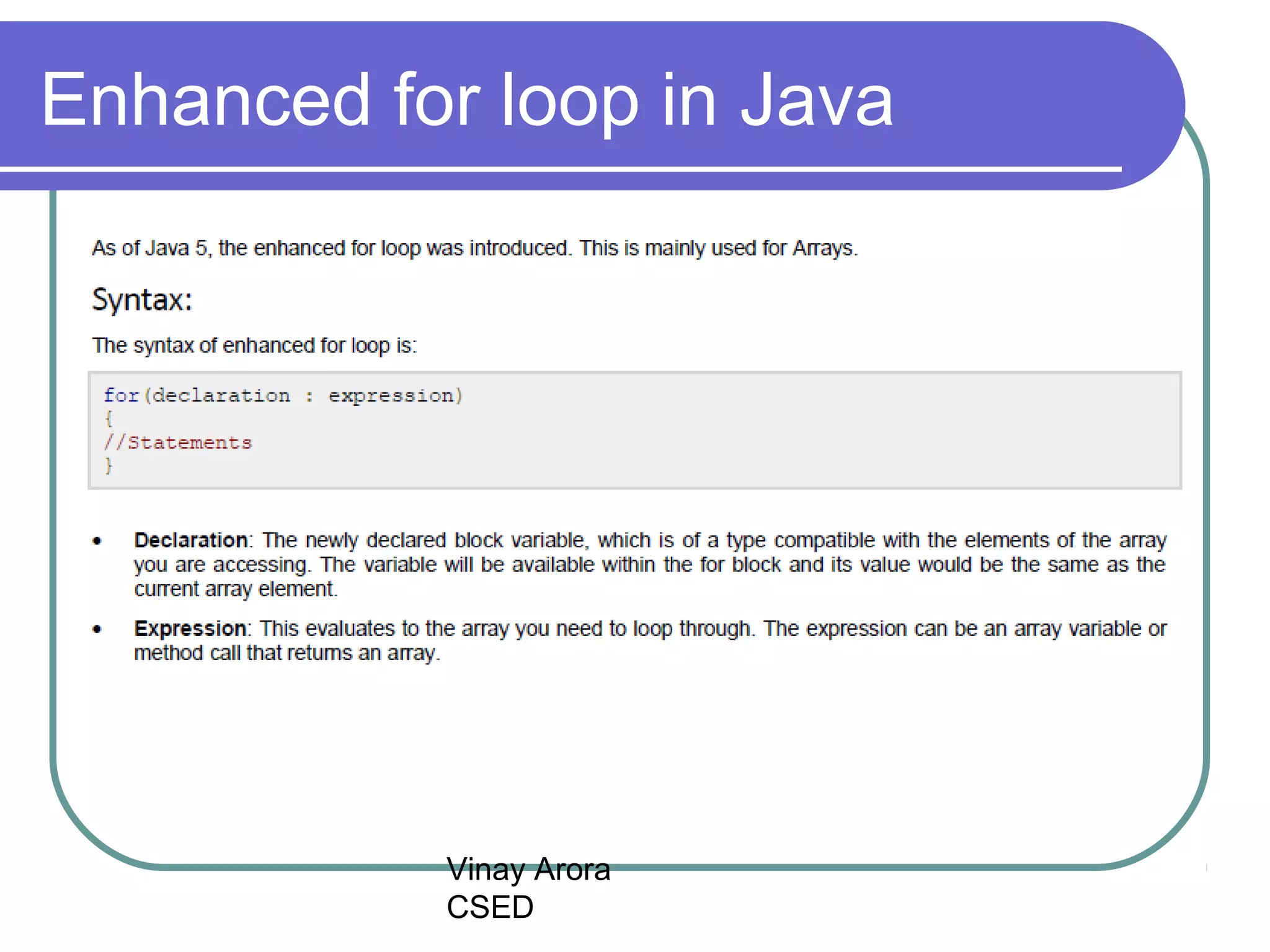 Vinay Arora
CSED
Enhanced for loop in Java