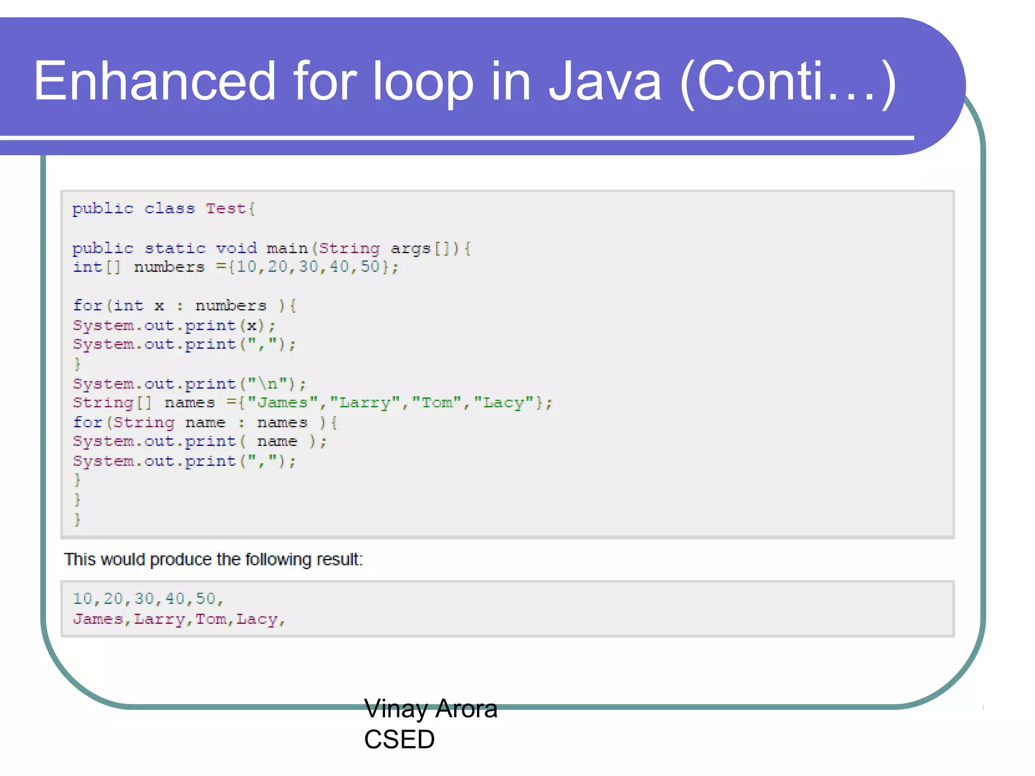Vinay Arora
CSED
Enhanced for loop in Java (Conti…)