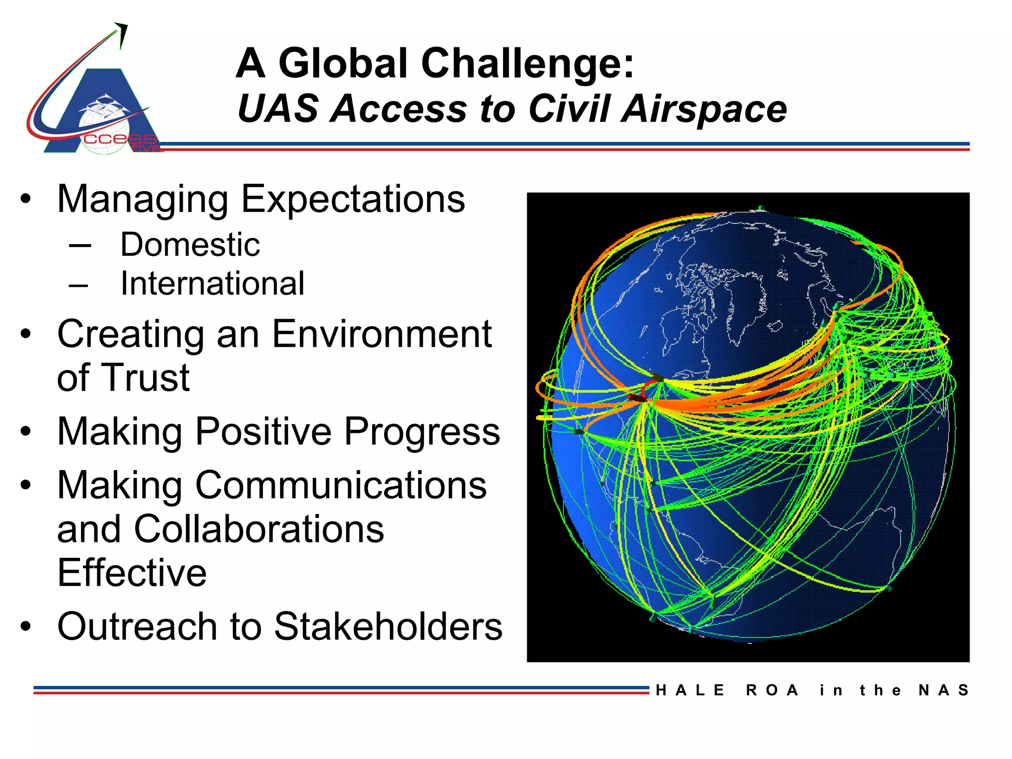 A Global Challenge: UAS Access to Civil Airspace Managing Expectations  Domestic International Creating an Environment of Trust Making Positive Progress Making Communications and Collaborations Effective Outreach to Stakeholders 