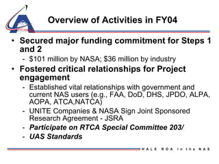 Overview of Activities in FY04 Secured major funding commitment for Steps 1 and 2 $101 million by NASA; $36 million by industry  Fostered critical relationships for Project engagement Established vital relationships with government and current NAS users (e.g., FAA, DoD, DHS, JPDO, ALPA, AOPA, ATCA,NATCA) UNITE Companies & NASA Sign Joint Sponsored Research Agreement - JSRA Participate on RTCA Special Committee 203/ UAS Standards 