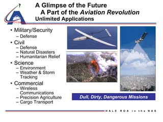 A Glimpse of the Future   A Part of the  Aviation Revolution   Unlimited Applications Military/Security Defense Civil Defense Natural Disasters Humanitarian Relief Science Environment Weather & Storm Tracking Commercial Wireless Communications Precision Agriculture Cargo Transport Dull, Dirty, Dangerous Missions 