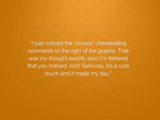 “I just noticed the ‘wowza’ cheerleading
comments to the right of the graphs. That
 was my thought exactly (and I'm ﬂattered
that you noticed, too)! Seriously, it’s a cute
         touch and it made my day.”
 
