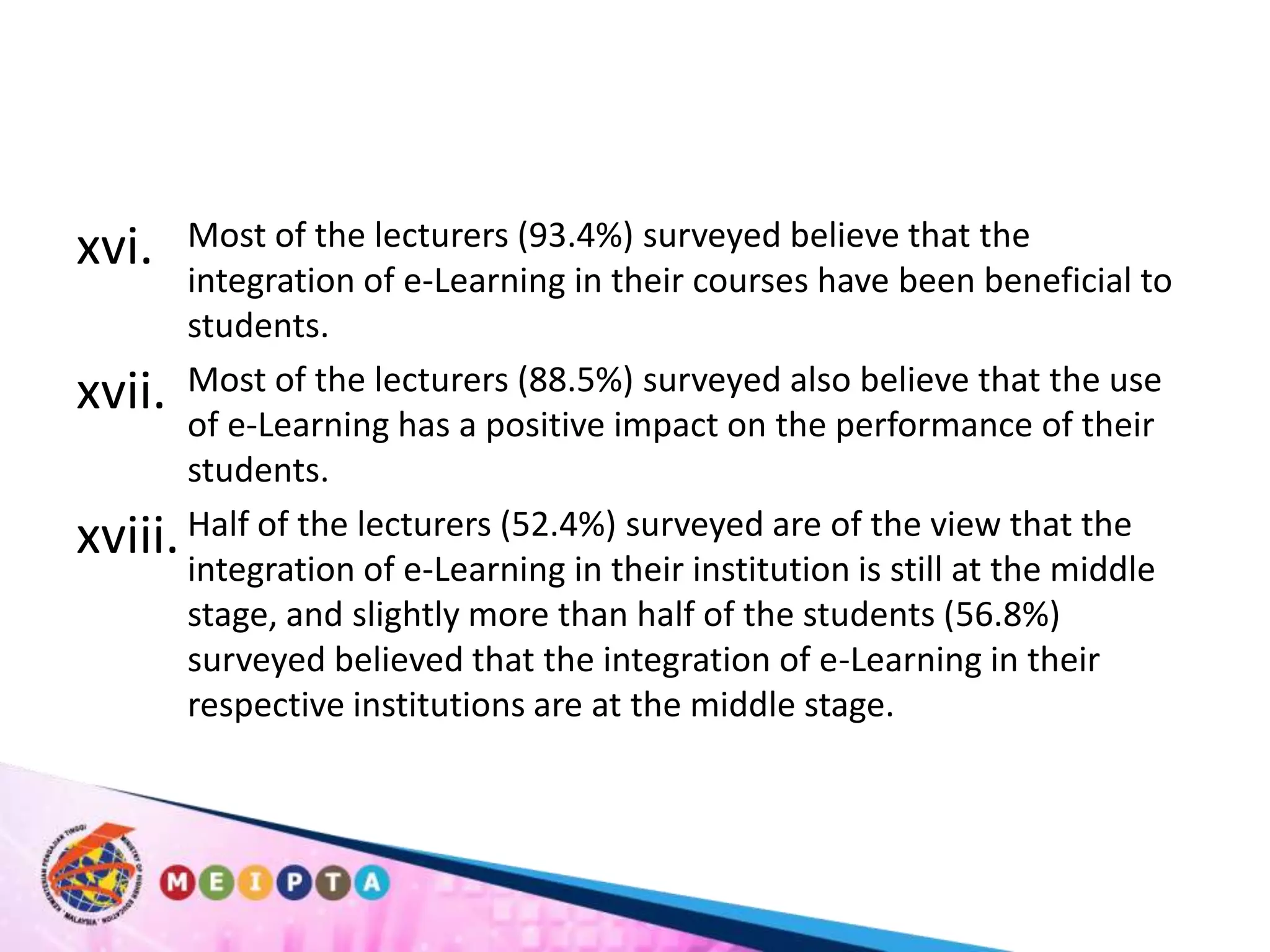Most of the lecturers (93.4%) surveyed believe that the integration of e-Learning in their courses have been beneficial to students. Most of the lecturers (88.5%) surveyed also believe that the use of e-Learning has a positive impact on the performance of their students. Half of the lecturers (52.4%) surveyed are of the view that the integration of e-Learning in their institution is still at the middle stage, and slightly more than half of the students (56.8%) surveyed believed that the integration of e-Learning in their respective institutions are at the middle stage. 