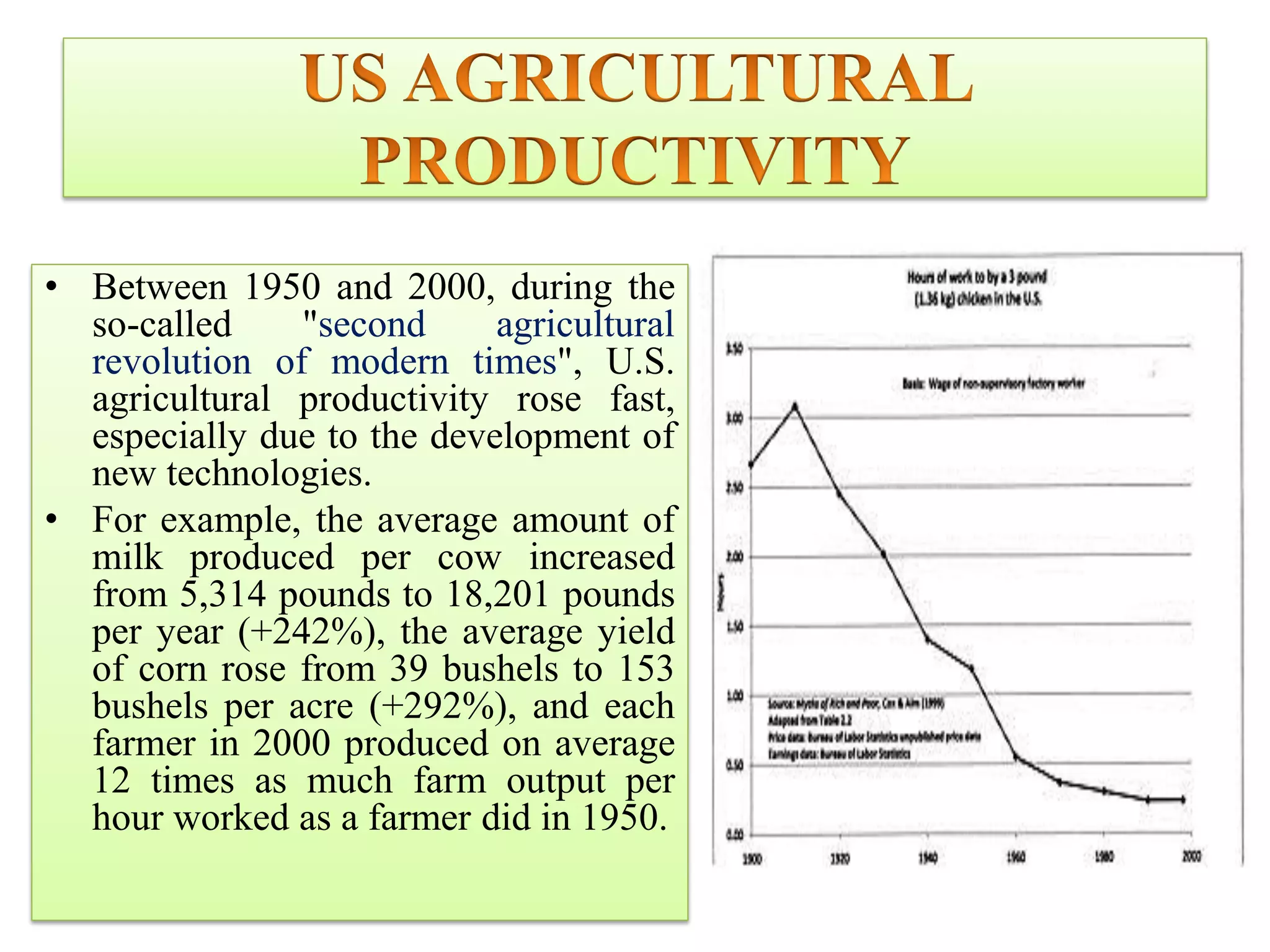 • Between 1950 and 2000, during the
so-called "second agricultural
revolution of modern times", U.S.
agricultural productivity rose fast,
especially due to the development of
new technologies.
• For example, the average amount of
milk produced per cow increased
from 5,314 pounds to 18,201 pounds
per year (+242%), the average yield
of corn rose from 39 bushels to 153
bushels per acre (+292%), and each
farmer in 2000 produced on average
12 times as much farm output per
hour worked as a farmer did in 1950.
 