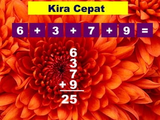 Kira Cepat
6 + 3 + 7 + 9 =
6
3
7
9+
52
 
