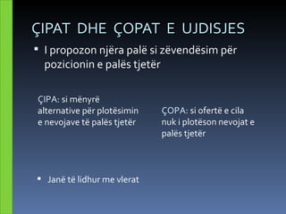 ÇIPAT DHE ÇOPAT E UJDISJES
 I propozon njëra palë si zëvendësim për
  pozicionin e palës tjetër

ÇIPA: si mënyrë
alternative për plotësimin    ÇOPA: si ofertë e cila
e nevojave të palës tjetër    nuk i plotëson nevojat e
                              palës tjetër



 Janë të lidhur me vlerat
 