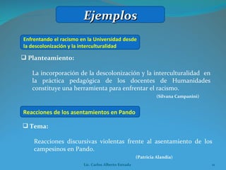 Planteamiento:  La incorporación de la descolonización y la interculturalidad  en la práctica pedagógica de los docentes de Humanidades constituye una herramienta para enfrentar el racismo. (Silvana Campanini) Tema:  Reacciones discursivas violentas frente al asentamiento de los campesinos en Pando. (Patricia Alandia) Enfrentando el racismo en la Universidad desde la descolonización y la interculturalidad  Reacciones de los asentamientos en Pando  Ejemplos Lic. Carlos Alberto Estrada 