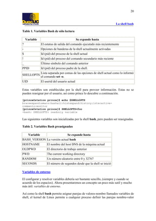 20

La shell bash
Table 1. Variables Bash de sólo lectura
Variable

Se expande hasta

?

El estatus de salida del comando ejecutado más recientemente

-

Opciones de banderas de la shell actualmente activadas

$

Id (pid) del proceso de la shell actual

!

Id (pid) del proceso del comando secundario más reciente

_

Último símbolo del comando anterior

PPID

Id (pid) del proceso padre de la shell.

SHELLOPTS

Lista separada por comas de las opciones de shell actual como lo informó
el comando set -o.

UID

El userid del usuario actual

Estas variables son establecidas por la shell para proveer información. Estas no se
pueden reasignar por el usuario, así como prince lo descubre a continuación.
[prince@station prince]$ echo $SHELLOPTS
braceexpand:emacs:hashall:histexpand:history:interactivecomments:monitor
[prince@station prince]$ SHELLOPTS=foo
-bash: SHELLOPTS: readonly variable

Las siguientes variables son inicializadas por la shell bash, pero pueden ser reasignadas.
Table 2. Variables Bash preasignadas
Variable

Se expande hasta

BASH_VERSION La versión actual bash
HOSTNAME

El nombre del host DNS de la máquina actual

OLDPWD

El directorio de trabajo anterior

PWD

The current working directory

RANDOM

Un número aleatorio entre 0 y 32767

SECONDS

El número de segundos desde que la shell se inició

Variables de entorno
El configurar y resolver variables debería ser bastante sencillo, (siempre y cuando se
acuerde de los espacios). Ahora presentaremos un concepto un poco más sutil y mucho
más útil: variables de entorno.
Así como la shell bash permite asignar parejas de valores-nombre llamados variables de
shell, el kernel de Linux permite a cualquier proceso definir las parejas nombre-valor

 