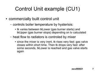7awu080821
Control Unit example (CU1)
● commercially built control unit
– controls boiler temperature by hysterisis:
● tk varies between tkLower (gas burner starts) and
tkUpper (gas burner stops) depending on tv calculated
– heat flow to radiators is controled by mixer
● since the mixer is very inert, tk rises very fast: gas valve
closes within short time. Then tk drops very fast: after
some seconds, tkLower is reached and gas valve starts
again
 
