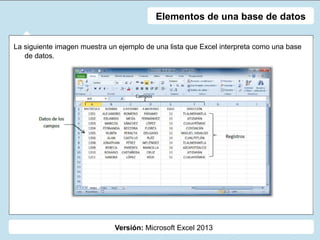 Versión: Microsoft Excel 2013
Elementos de una base de datos
La siguiente imagen muestra un ejemplo de una lista que Excel interpreta como una base
de datos.
 