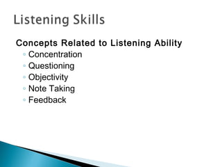Concepts Related to Listening Ability
 ◦ Concentration
 ◦ Questioning
 ◦ Objectivity
 ◦ Note Taking
 ◦ Feedback
 