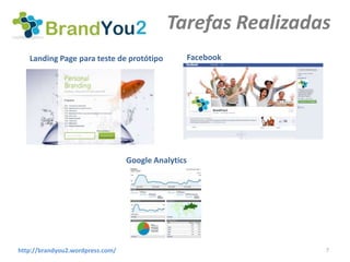 Tarefas Realizadas
   Landing Page para teste de protótipo              Facebook




                                  Google Analytics




http://brandyou2.wordpress.com/                                 7
 