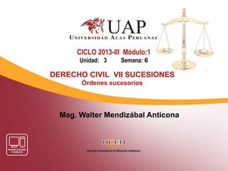 Mag. Walter Mendizábal Anticona
CICLO 2013-III Módulo:1
Unidad: 3 Semana: 6
DERECHO CIVIL VII SUCESIONES
Órdenes sucesorios
 