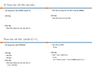 5) Thao tác với file văn bản
 Sử dụng thư viện STDIO (chuẩn C)
 Mở tệp
 Đọc tệp
 Đọc theo dòng, lưu vào xâu char [] :
 Đọc tệp sử dụng cấu trúc lệnh vòng lặp while()
 Ghi tệp
 Ghi một xâu ký tự vào file:
Thao tác với file (chuẩn C++)
 Sử dụng thư viện FSTREAM
 Mở tệp
 Để đọc:
 Để ghi:
 Đọc tệp
 Đọc theo dòng, lưu vào xâu char [] :
◼ char buf[256];
 Đọc theo cả khối:
Ví dụ
 Ghi tệp
 Ghi 1 xâu / khối kí tự:
Ví dụ:
char header_from[] = “from: ktht@huce.edu.vnn”;
 
