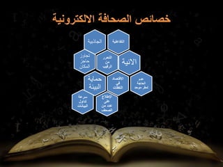 ‫التفاعلي‬
‫ة‬
‫الجاذبي‬
‫ة‬
‫التحرر‬
‫من‬
‫الرقيب‬
‫االني‬
‫ة‬
‫االقتصاد‬
‫في‬
‫النفقات‬
‫حماية‬
‫البيئ‬
‫ة‬
‫سرعة‬
‫تداول‬
‫البيانات‬
‫عدم‬
‫الحاجة‬
‫موحد‬ ‫لمقر‬
‫اإلطالع‬
‫على‬
‫من‬ ‫عدد‬
‫الصحف‬
‫تجاوز‬
‫حاجز‬
‫المكان‬
 