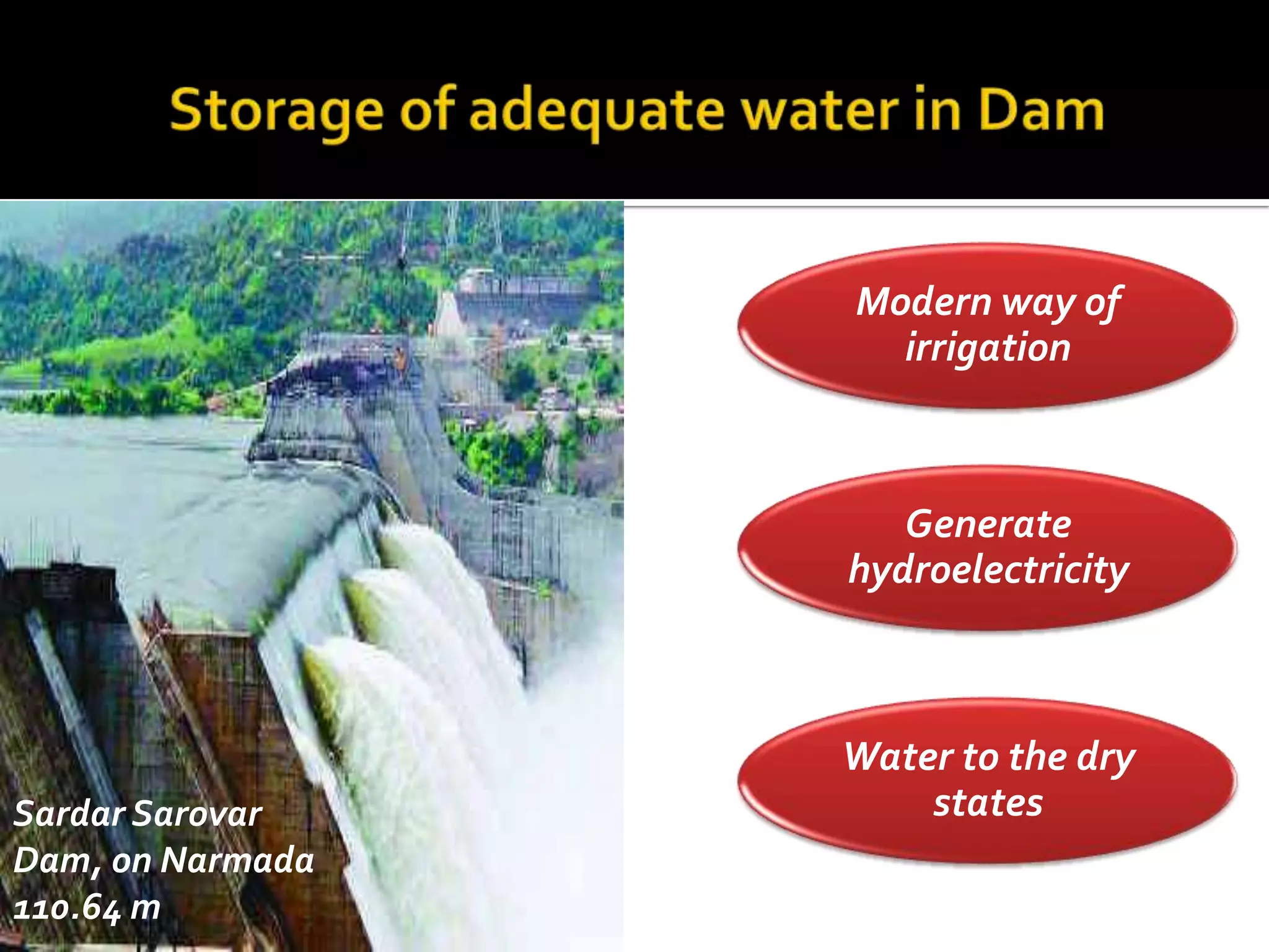 Modern way of
                    irrigation



                     Generate
                  hydroelectricity



                  Water to the dry
Sardar Sarovar        states
Dam, on Narmada
110.64 m
 