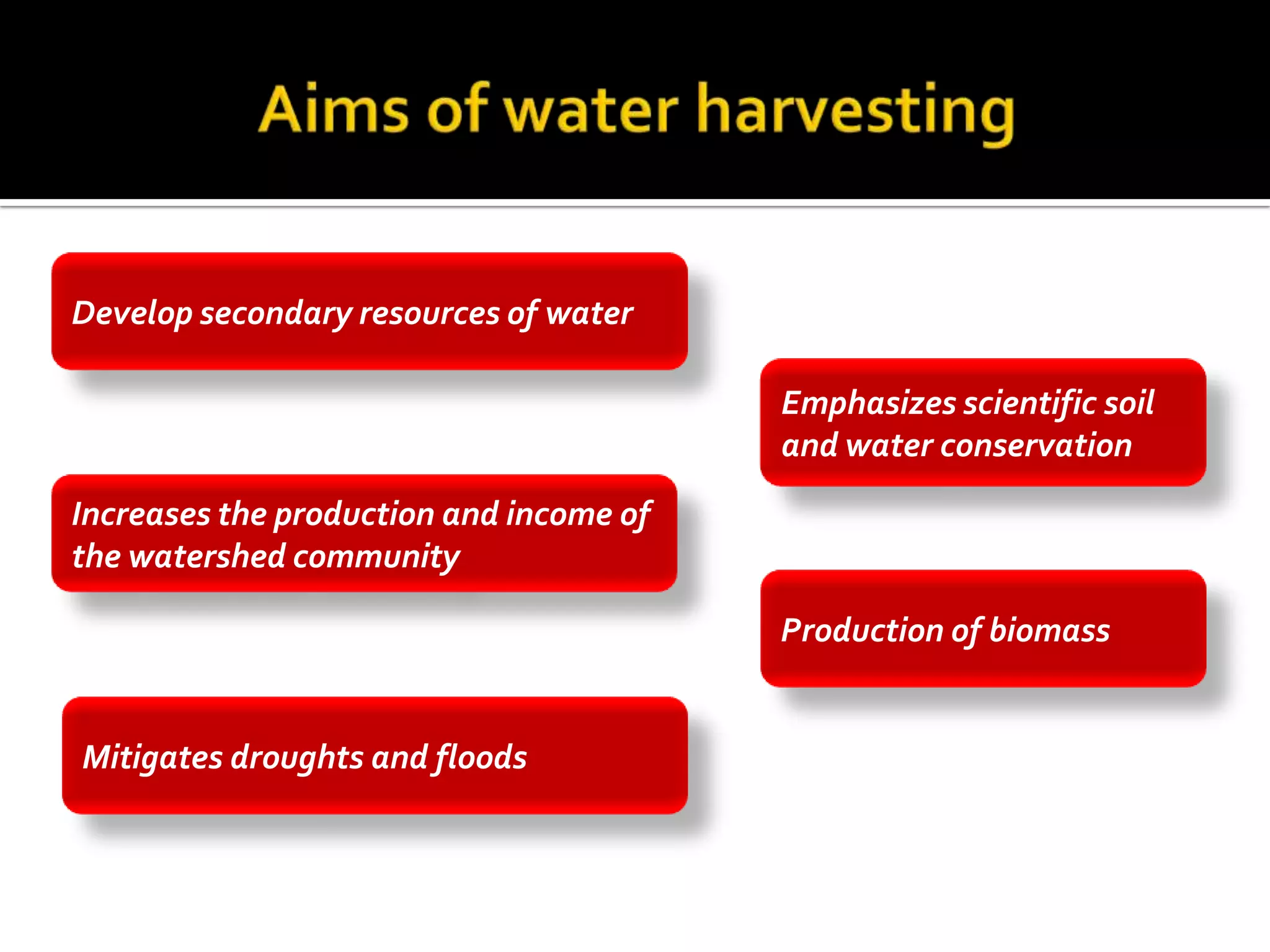 Develop secondary resources of water

                                         Emphasizes scientific soil
                                         and water conservation
Increases the production and income of
the watershed community

                                         Production of biomass


Mitigates droughts and floods
 
