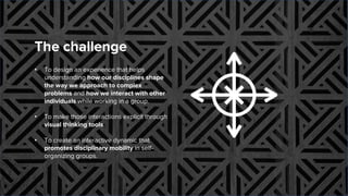 The challenge
• To design an experience that helps
understanding how our disciplines shape
the way we approach to complex
problems and how we interact with other
individuals while working in a group.
• To make those interactions explicit through
visual thinking tools.
• To create an interactive dynamic that
promotes disciplinary mobility in self-
organizing groups.
 