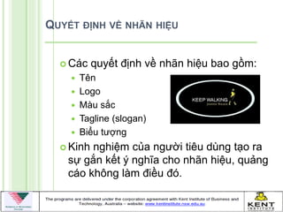 QUYẾT ĐỊNH VỀ NHÃN HIỆU


   Các    quyết định về nhãn hiệu bao gồm:
     Tên
     Logo
     Màu sắc
     Tagline (slogan)
     Biểu tƣợng

   Kinhnghiệm của ngƣời tiêu dùng tạo ra
   sự gắn kết ý nghĩa cho nhãn hiệu, quảng
   cáo không làm điều đó.
 