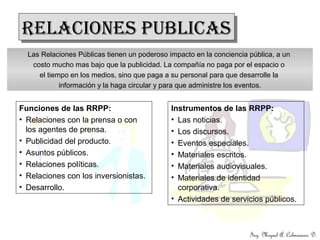 Ing. Miguel A. Colmenares D.
RELACIONES PUBLICASRELACIONES PUBLICAS
Las Relaciones Públicas tienen un poderoso impacto en la conciencia pública, a un
costo mucho mas bajo que la publicidad. La compañía no paga por el espacio o
el tiempo en los medios, sino que paga a su personal para que desarrolle la
información y la haga circular y para que administre los eventos.
Funciones de las RRPP:
• Relaciones con la prensa o con
los agentes de prensa.
• Publicidad del producto.
• Asuntos públicos.
• Relaciones políticas.
• Relaciones con los inversionistas.
• Desarrollo.
Instrumentos de las RRPP:
• Las noticias.
• Los discursos.
• Eventos especiales.
• Materiales escritos.
• Materiales audiovisuales.
• Materiales de identidad
corporativa.
• Actividades de servicios públicos.
 