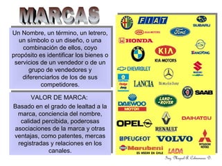 Un Nombre, un término, un letrero,
un símbolo o un diseño, o una
combinación de ellos, coyo
propósito es identificar los bienes o
servicios de un vendedor o de un
grupo de vendedores y
diferenciarlos de los de sus
competidores.
Un Nombre, un término, un letrero,
un símbolo o un diseño, o una
combinación de ellos, coyo
propósito es identificar los bienes o
servicios de un vendedor o de un
grupo de vendedores y
diferenciarlos de los de sus
competidores.
VALOR DE MARCA:
Basado en el grado de lealtad a la
marca, conciencia del nombre,
calidad percibida, poderosas
asociaciones de la marca y otras
ventajas, como patentes, mercas
registradas y relaciones en los
canales.
VALOR DE MARCA:
Basado en el grado de lealtad a la
marca, conciencia del nombre,
calidad percibida, poderosas
asociaciones de la marca y otras
ventajas, como patentes, mercas
registradas y relaciones en los
canales.
Ing. Miguel A. Colmenares D.
 